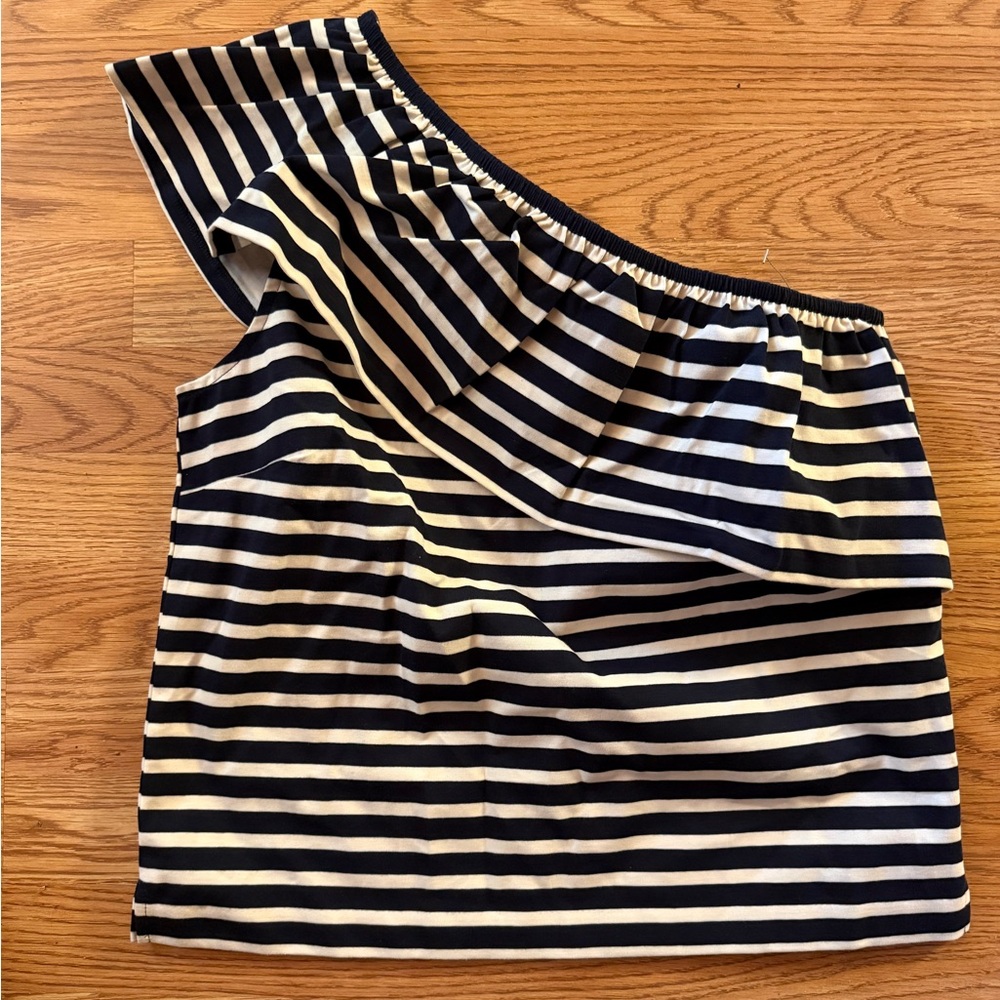 J. Crew Navy and White Off-Shoulder Top